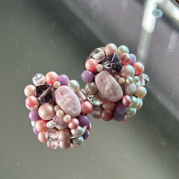 Pink & Purple Beaded Stone Clip-on Earrings made from Japan - Picture 2 of 12